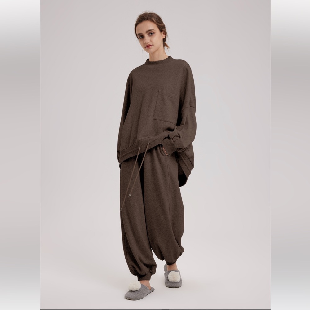 Nap Loungewear Cotton Track Set Balloon Sweatpants Mock Neck Sweatshirt Brown XL